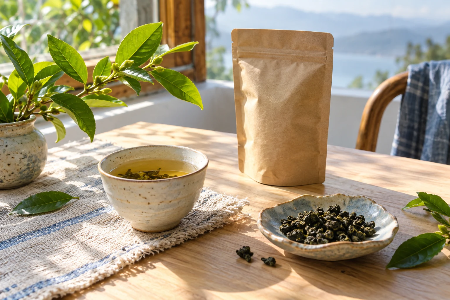自然光下的茶杯、陶器與日常物件;品牌情境示意